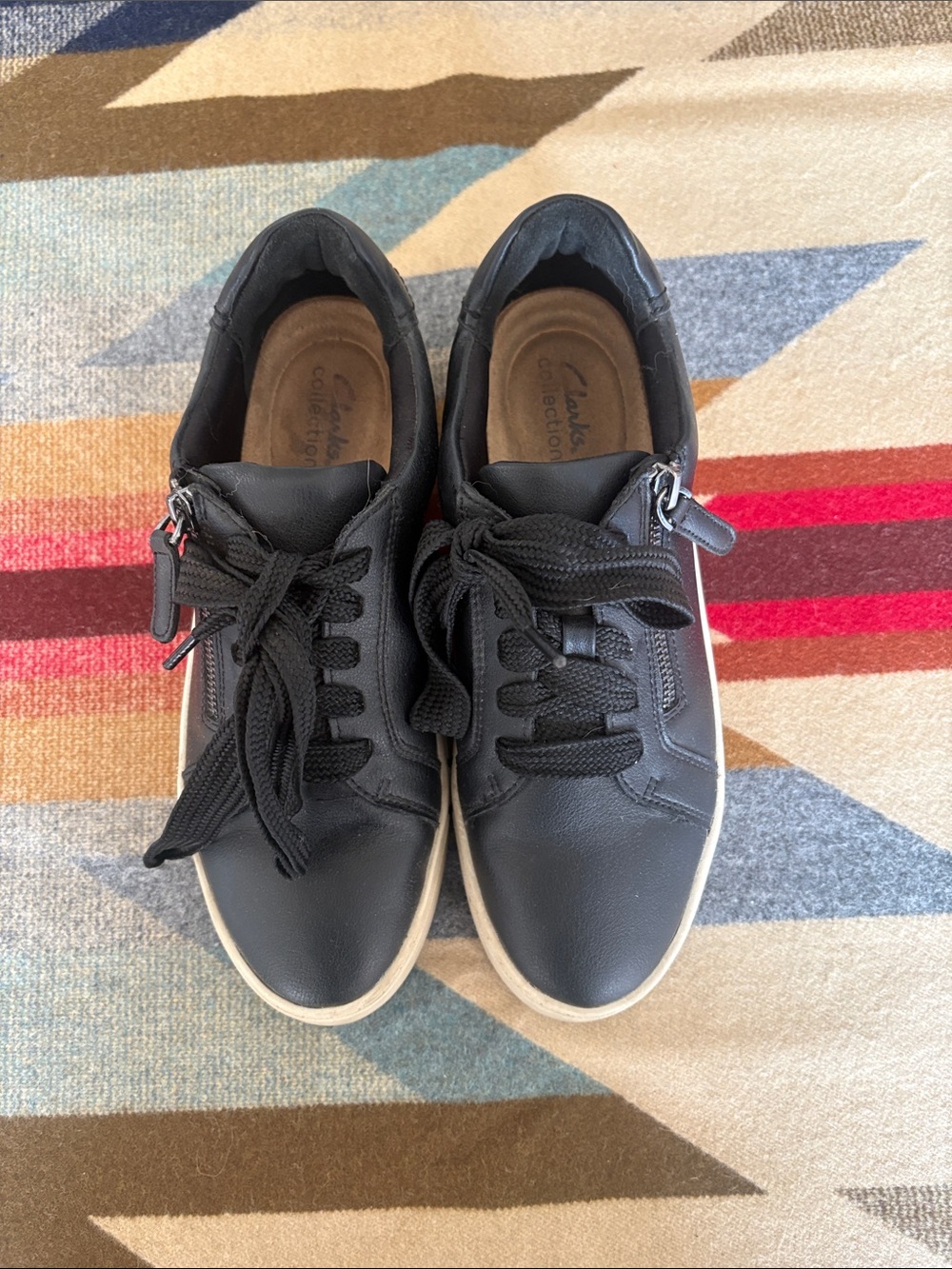 Clarks Black Leather Lace-Up Sneakers with Side Zip